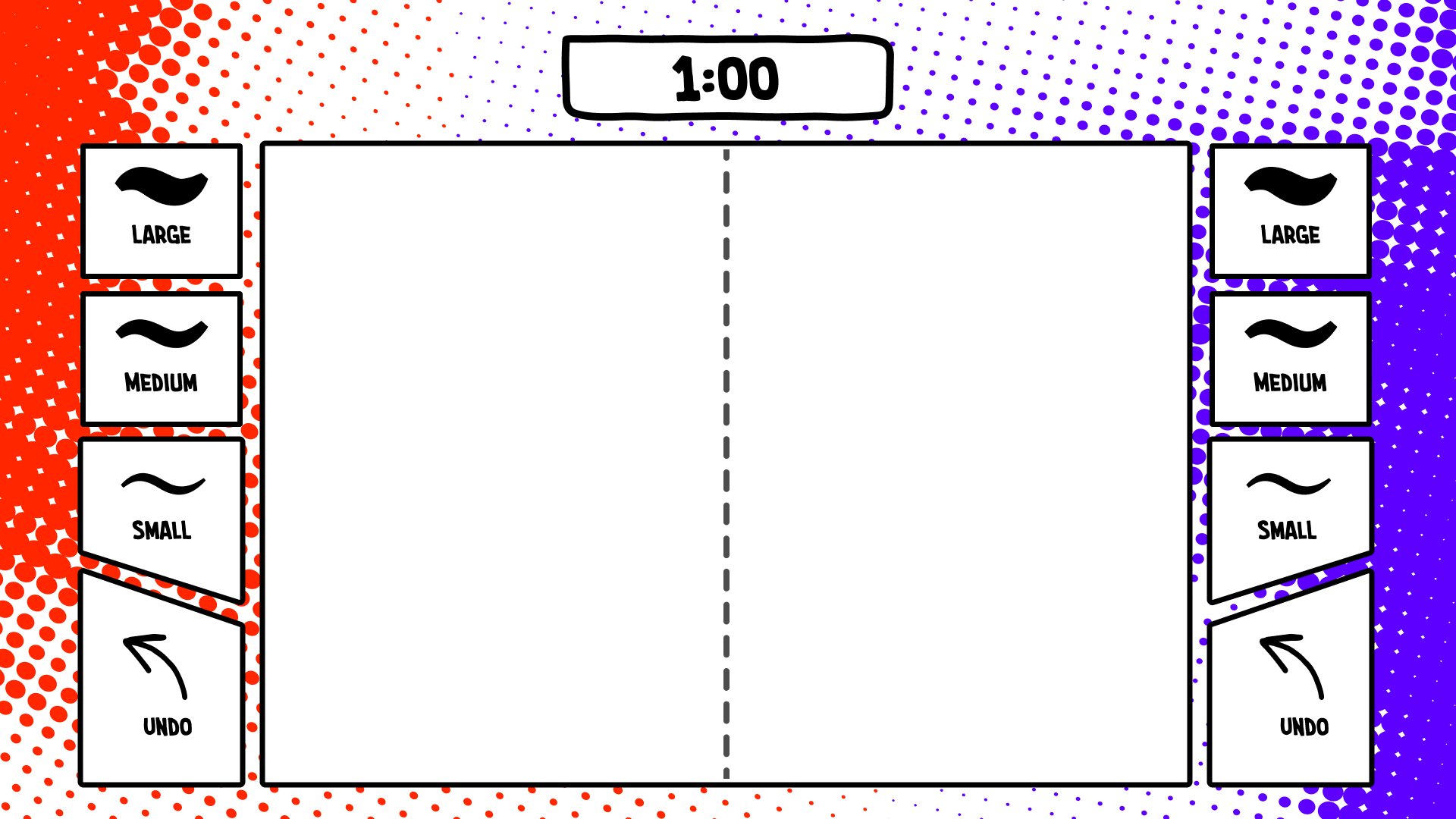 The projected play surface: a one-minute timer, large/medium/small brush sizes, undo, and a split canvas